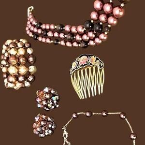 VTG 50s MCM Japan Triple Strand 16L Beaded Necklace Matching Bracelet +Earrings